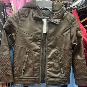 Brown Faux Leather Jacket with Quilted Sleeves